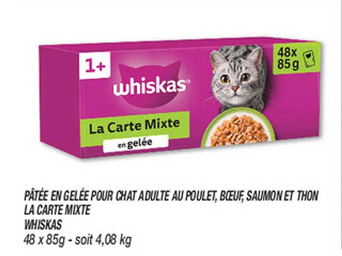 PÂTÉE EN GELEE POUR CHAT ADULTE AU POULET, BOEUF, SAUMON ET THON LA CARTE MIXTE WHISKAS