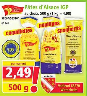 Pâtes d'Alsace IGP au choix, 500 g (1 kg = 4,98)