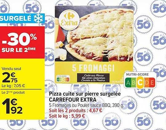 Pizza cuite sur pierre surgelée CARREFOUR EXTRA 5 Fromages au Poulet sauce BBQ, 390 g.