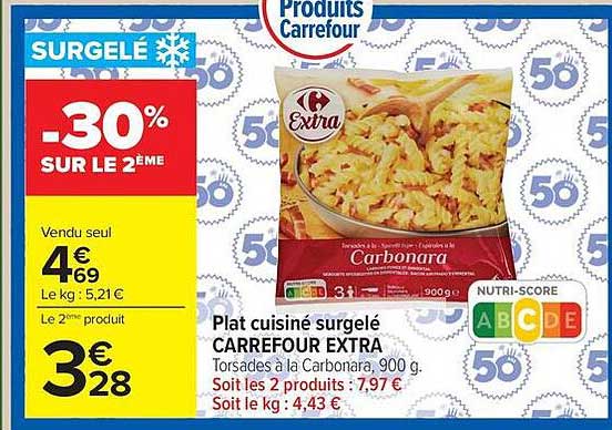 Plat cuisiné surgelé CARREFOUR EXTRA Torsades à la Carbonara, 900 g. Soit les 2 produits : 7,97 € Soit le kg : 4,43 €
