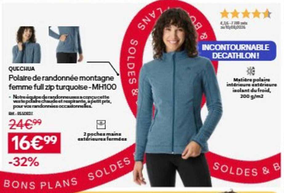 Polaire de randonnée montagne femme full zip turquoise - MH100