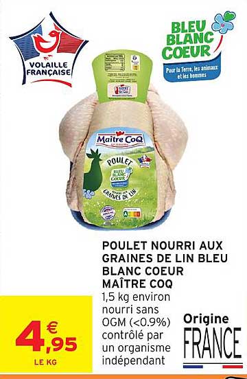POULET NOURRI AUX GRAINES DE LIN BLEU BLANC COEUR MAÎTRE COQ