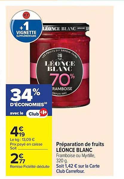 Préparation de fruits LÉONCE BLANC Framboise ou Myrtille, 320 g