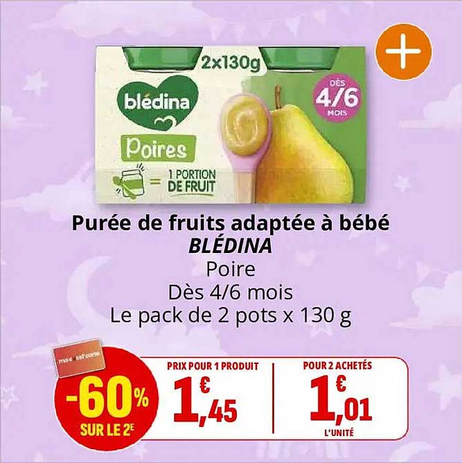 Purée de fruits adaptée à bébé BLÉDINA Poire Dès 4/6 mois Le pack de 2 pots x 130 g