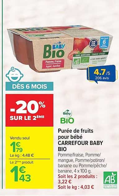 Purée de fruits pour bébé CARREFOUR BABY BIO Pomme/fraise, Pomme/mangue, Pomme/potiron/banane ou Pomme/pêche/banane, 4 x 100 g
