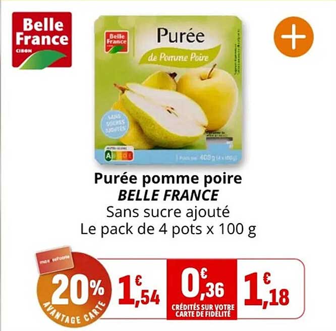 Purée pomme poire BELLE FRANCE Sans sucre ajouté Le pack de 4 pots x 100 g