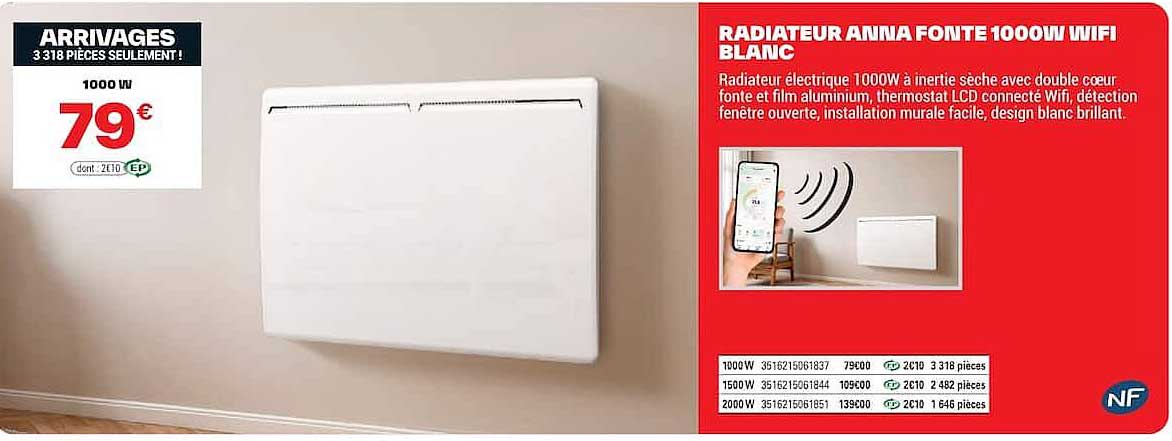 RADIATEUR ANNA FONTE 1000W WIFI BLANC