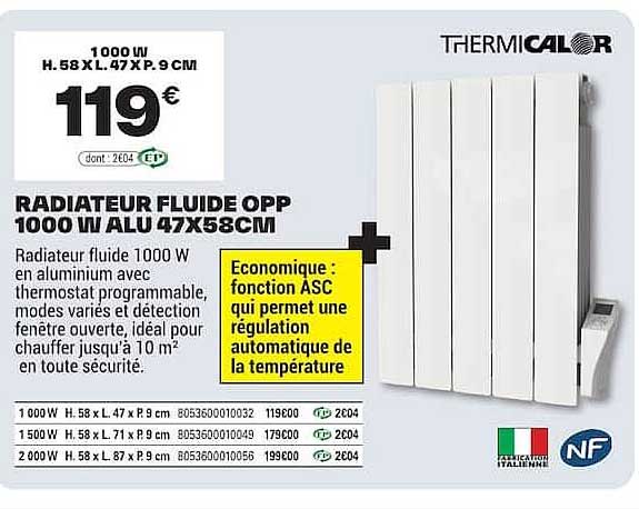 RADIATEUR FLUIDE OPP 1000 W ALU 47X58CM