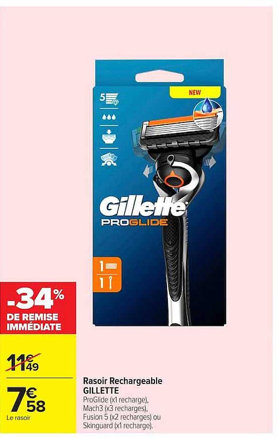 Rasoir Rechargeable GILLETTE ProGlide (x1 recharge), Mach3 (x3 recharges), Fusion 5 (x2 recharges) ou Skinguard (x1 recharge)