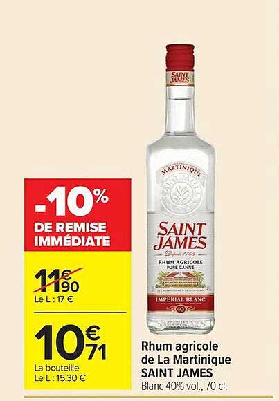 Rhum agricole de La Martinique SAINT JAMES Blanc 40% vol., 70 cl.
