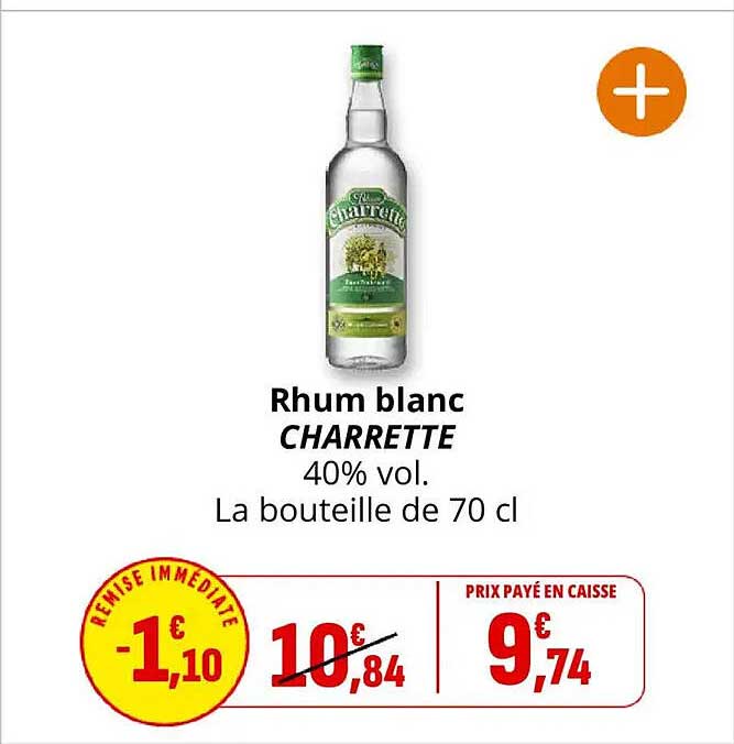 Rhum blanc CHARRETTE 40% vol. La bouteille de 70 cl