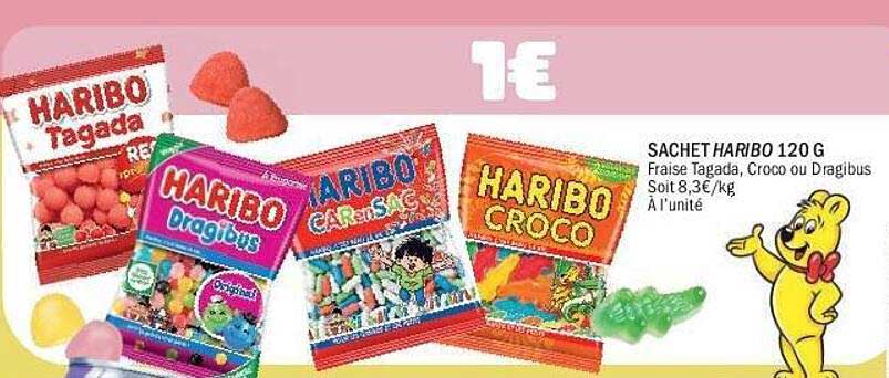 SACHET HARIBO 120 G Fraise Tagada, Croco ou Dragibus