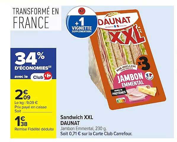 Sandwich XXL DAUNAT Jambon Emmental, 230 g