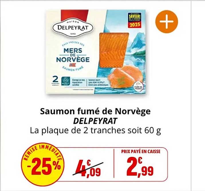 Saumon fumé de Norvège DELPEYRAT La plaque de 2 tranches soit 60 g