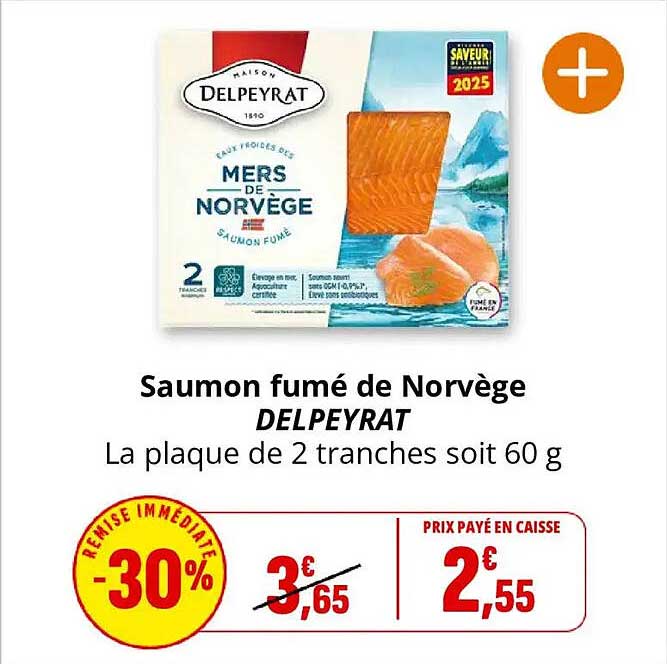 Saumon fumé de Norvège DELPEYRAT La plaque de 2 tranches soit 60 g