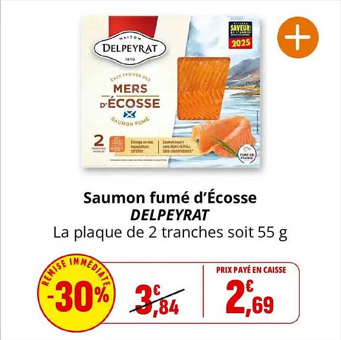 Saumon fumé d'Écosse DELPEYRAT La plaque de 2 tranches soit 55 g