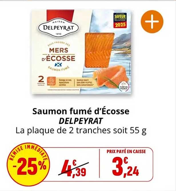 Saumon fumé d’Écosse DELPEYRAT La plaque de 2 tranches soit 55 g