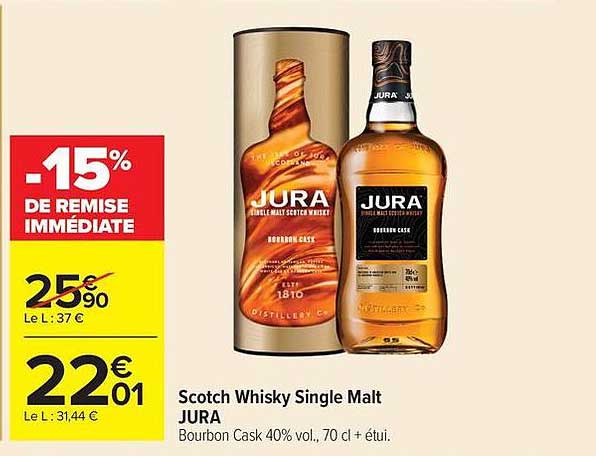 Scotch Whisky Single Malt JURA Bourbon Cask 40% vol., 70 cl + étui.