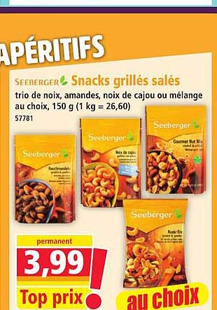 Seeburger Snacks grillés salés trio de noix, amandes, noix de cajou ou mélange au choix, 150 g (1 kg = 26,60)