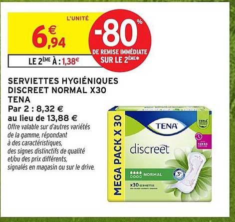 SERVIETTES HYGIÉNIQUES DISCREET NORMAL X30 TENA