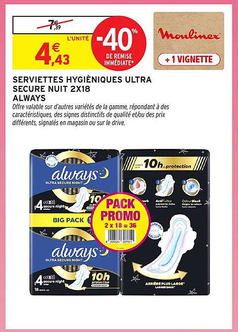 SERVIETTES HYGIÉNIQUES ULTRA SECURE NUIT 2X18 ALWAYS