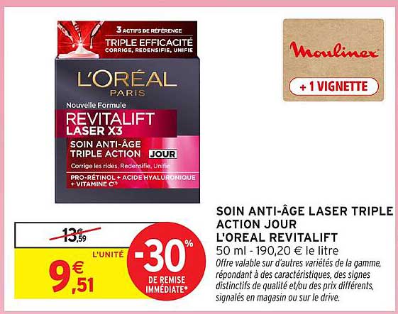 SOIN ANTI-ÂGE LASER TRIPLE ACTION JOUR L'OREAL REVITALIFT 50 ml - 190,20 € le litre