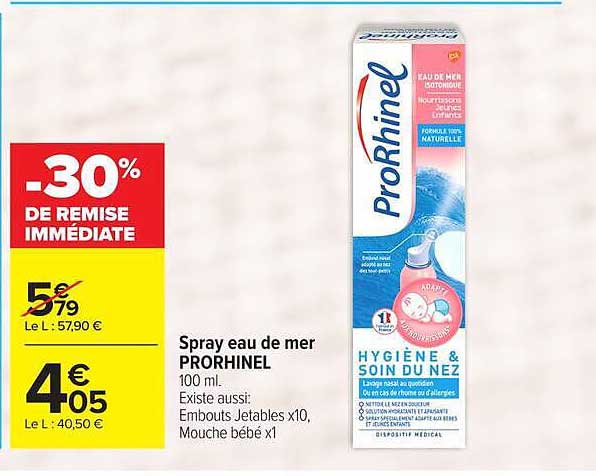 Spray eau de mer PRORHINEL 100 ml. Existe aussi: Embouts jetables x10, Mouche bébé x1