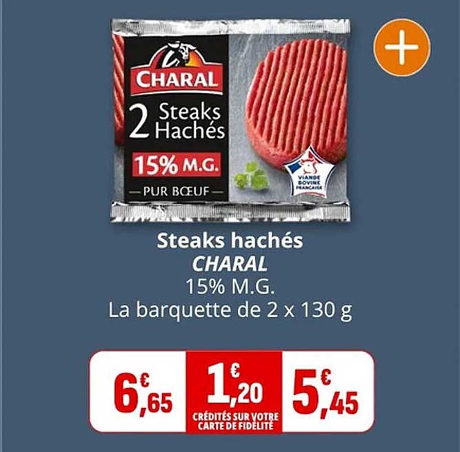 Steaks hachés CHARAL 15% M.G. La barquette de 2 x 130 g