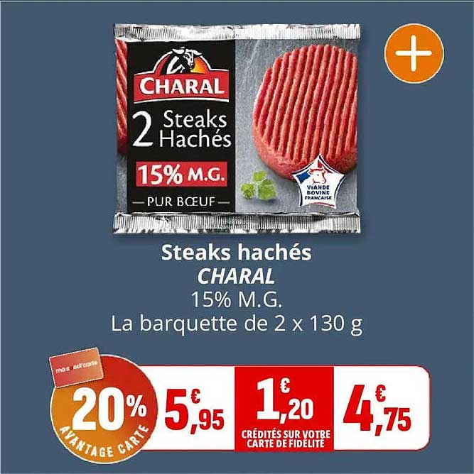 Steaks hachés CHARAL 15% M.G. La barquette de 2 x 130 g