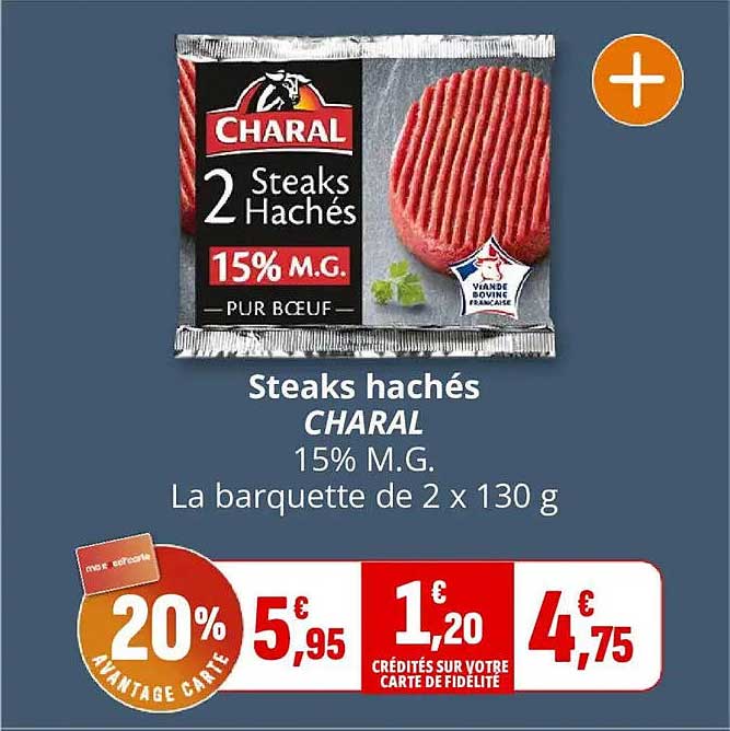 Steaks hachés CHARAL 15% M.G. La barquette de 2 x 130 g