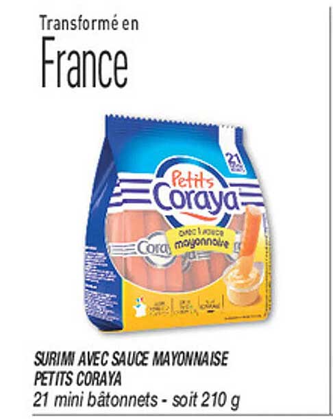 SURIMI AVEC SAUCE MAYONNAISE PETITS CORAYA 21 mini bâtonnets - soit 210 g