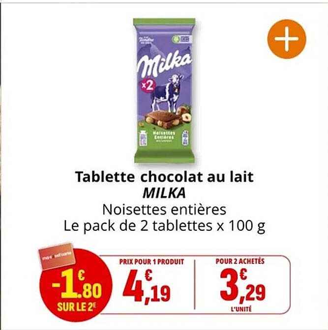 Tablette chocolat au lait MILKA Noisettes entières Le pack de 2 tablettes x 100 g