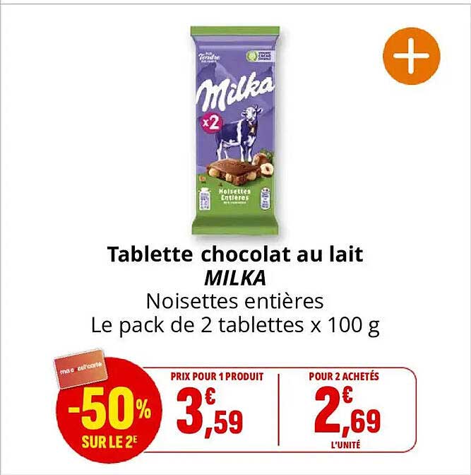 Tablette chocolat au lait MILKA Noisettes entières Le pack de 2 tablettes x 100 g