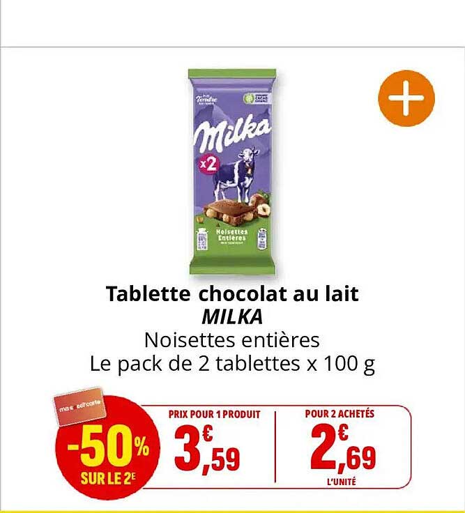 Tablette chocolat au lait MILKA Noisettes entières Le pack de 2 tablettes x 100 g