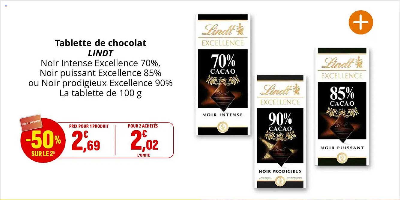 Tablette de chocolat LINDT Noir Intense Excellence 70%, Noir puissant Excellence 85% ou Noir prodigieux Excellence 90% - La tablette de 100 g