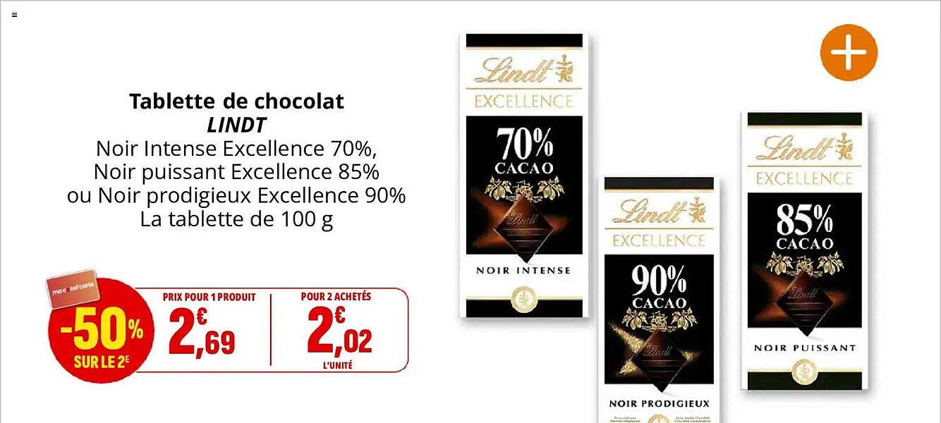 Tablette de chocolat LINDT Noir Intense Excellence 70%, Noir puissant Excellence 85% ou Noir prodigieux Excellence 90% La tablette de 100 g