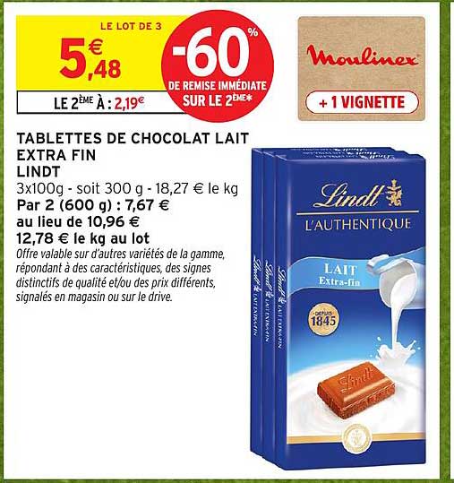 TABLETTES DE CHOCOLAT LAIT EXTRA FIN LINDT