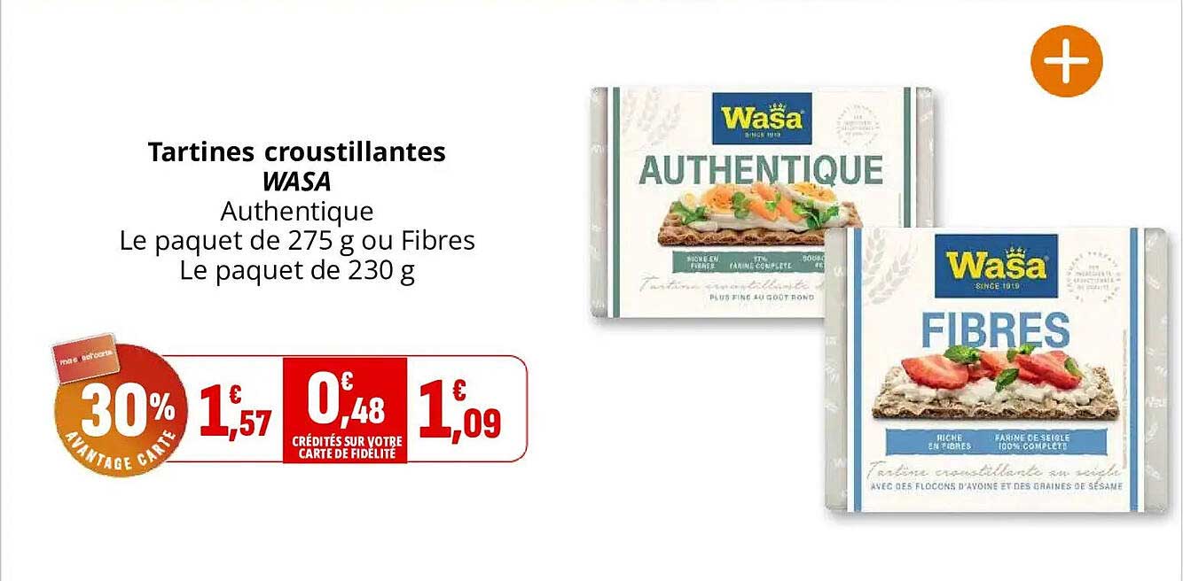 Tartines croustillantes WASA Authentique Le paquet de 275 g ou Fibres Le paquet de 230 g