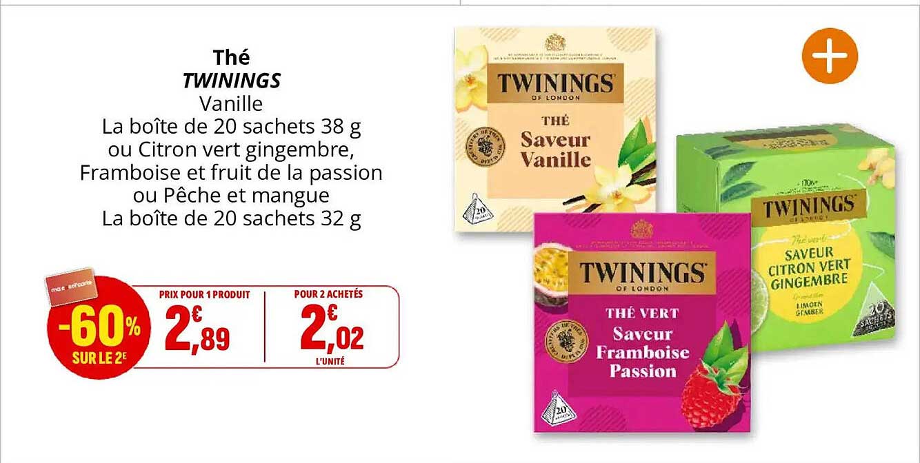 Thé TWININGS Vanille La boîte de 20 sachets 38 g ou Citron vert gingembre, Framboise et fruit de la passion ou Pêche et mangue La boîte de 20 sachets 32 g