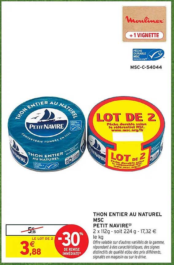 THON ENTIER AU NATUREL MSC PETIT NAVIRE® 2 x 112g - soit 224 g