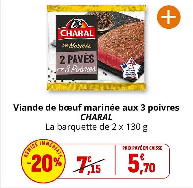 Viande de bœuf marinée aux 3 poivres CHARAL La barquette de 2 x 130 g