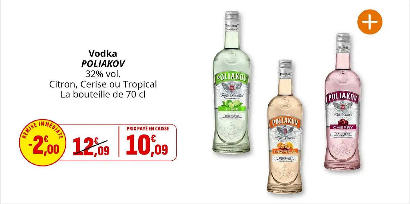 Vodka POLIAKOV 32% vol. Citron, Cerise ou Tropical La bouteille de 70 cl
