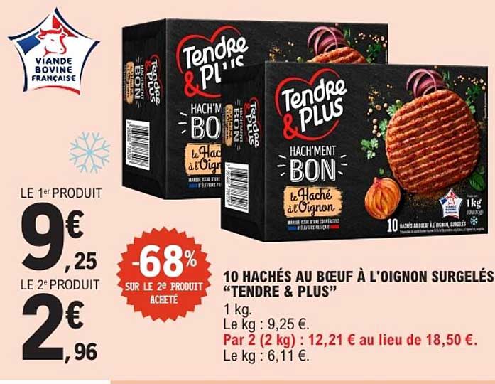 10 HACHÉS AU BŒUF À L'OIGNON SURGELÉS “TENDRE & PLUS”