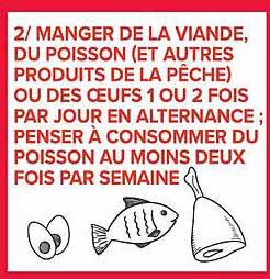 2/ MANGER DE LA VIANDE, DU POISSON (ET AUTRES PRODUITS DE LA PÊCHE) OU DES OEUFS 1 OU 2 FOIS PAR JOUR EN ALTERNANCE ; PENSER À CONSOMMER DU POISSON AU MOINS DEUX FOIS PAR SEMAINE