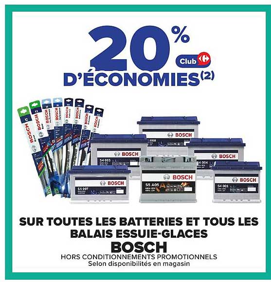 20% Club Card d'économies sur toutes les batteries et tous les balais essuie-glaces Bosch