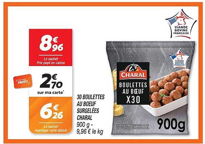 30 BOULETTES AU BOEUF SURGELEES CHARAL 900 g - 9,96 € le kg
