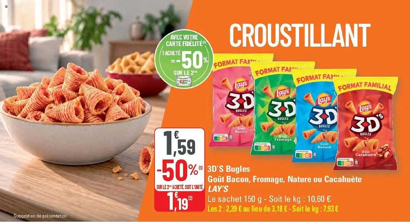 3D’s Bugles Goût Bacon, Fromage, Nature ou Cacahuète LAY’S