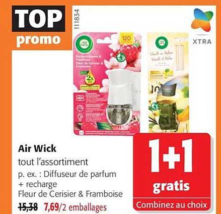 Air Wick tout l’assortiment p. ex. : Diffuseur de parfum + recharge Fleur de Cerisier & Framboise 1+1 gratis Combinez au choix