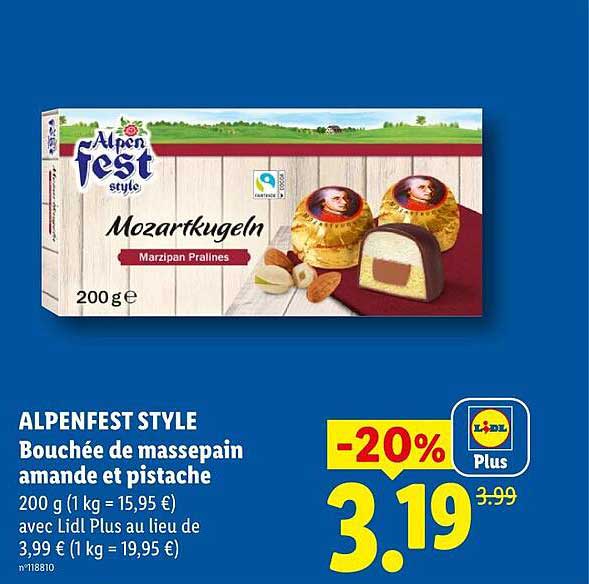 ALPENFEST STYLE Bouchée de massepain amande et pistache 200 g (1 kg = 15,95 €) avec Lidl Plus au lieu de 3,99 € (1 kg = 19,95 €)