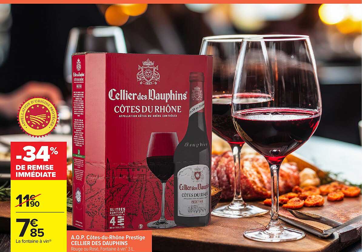 A.O.P. Côtes-du-Rhône Prestige CELLIER DES DAUPHINS Rouge ou Rosé, Fontaine à vin® 3 L